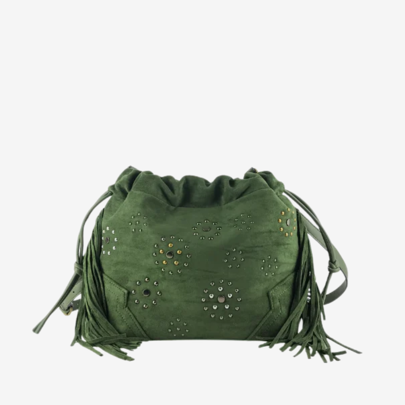 Bolso Efecto Ante con Tachuelas y Flecos Verde