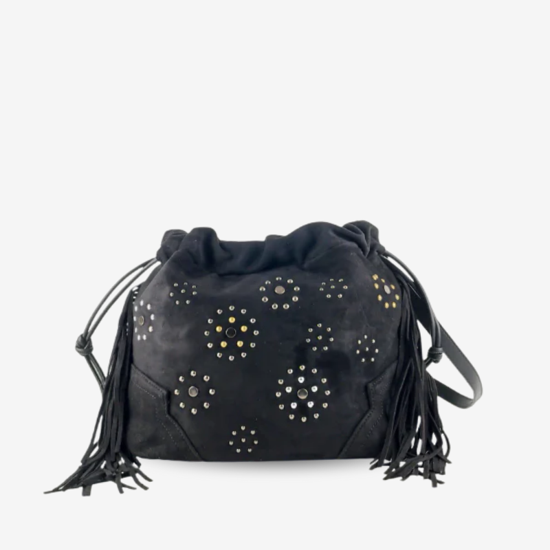 Bolso Efecto Ante con Tachuelas y Flecos Negro
