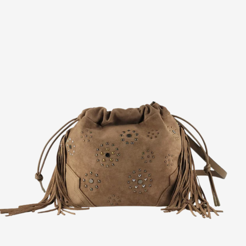 Bolso Efecto Ante con Tachuelas y Flecos Taupe